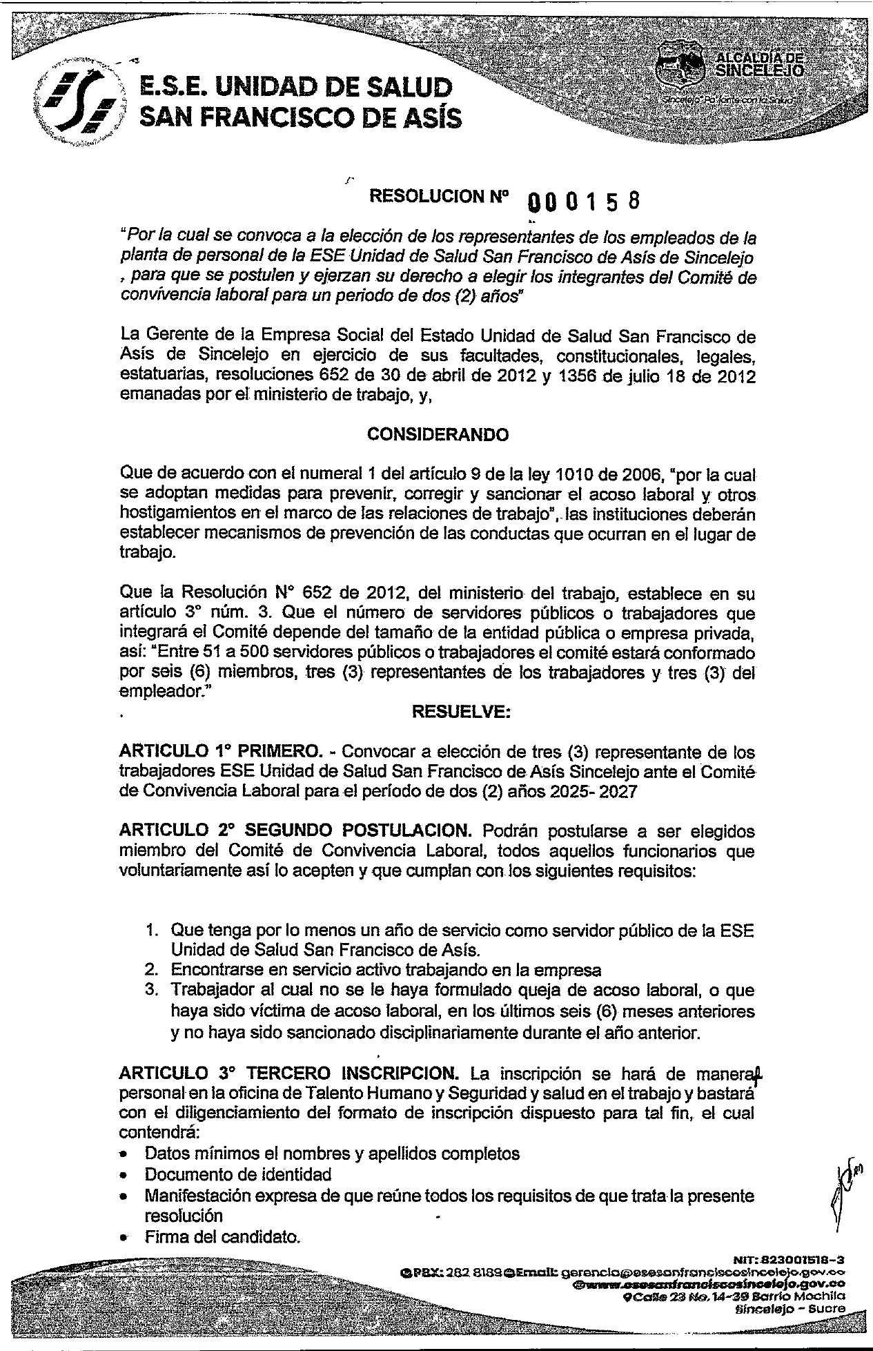 RESOLUCION 000158 POR LA CUAL SE CONVOCA A LA ELECCIÓN DEL COMITE DE CONVIVENCIA LABORAL